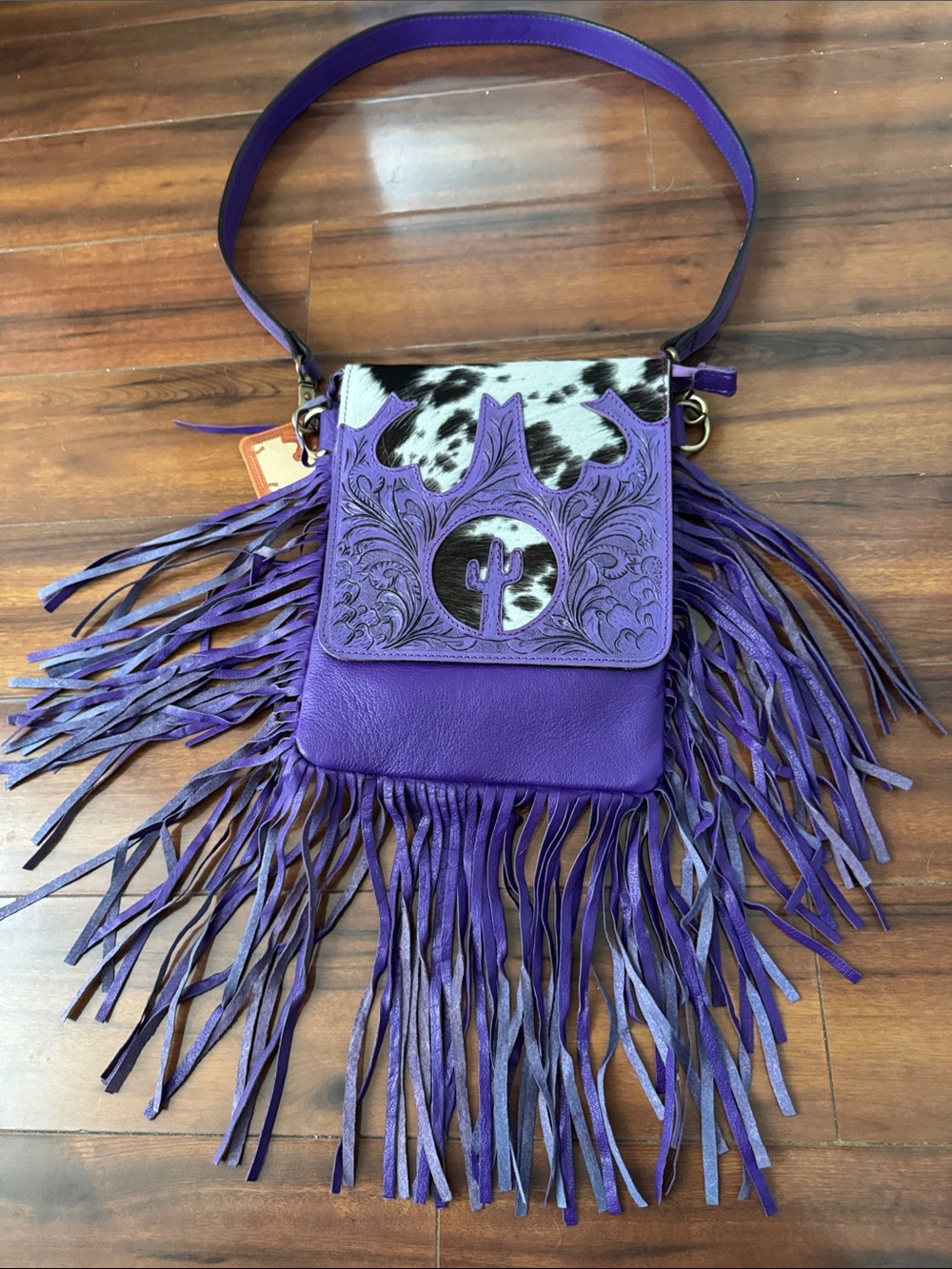 Purple Fringe Crossbody Bag with Hair-on-Hide Accent